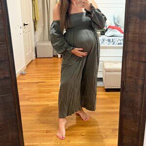 NWT - Olive Linen Smocked Off Shoulder Wide Leg Maternity Jumpsuit